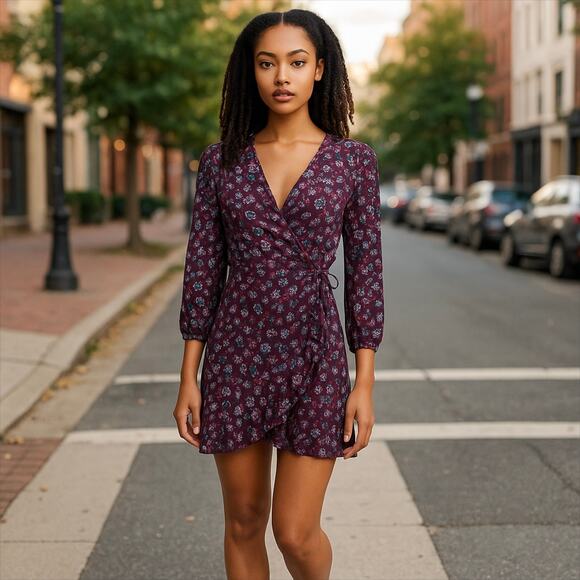 Francesca's Dress Womens Small True Wrap Floral Puff Sleeve Fairy Cottagecore - Picture 1 of 15